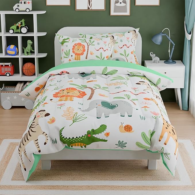 Jungle Animal Kids Bedding Set for Boys Girls, Ultra Soft Microfiber Comforter Set Full Size 4-Pieces, Comforters Bed Sets for Kid Tween Teen Bedroom Decor