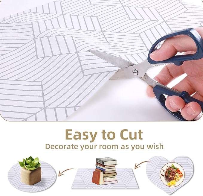 Shelf Liners for Kitchen Cabinets 12in x 30FT, Non Adhesive Cabinet Liner Strong Non-Slip Thickened Silver Geometric Easy to Clean for Shelf, Cabinet, Refrigerator with Knife and Tape Measure