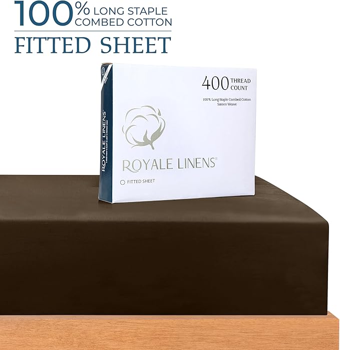 Royale Linens 400 Thread Count 100% American Grown Cotton Fitted Sheet Full Size - All Around Elastic Fitted Sheets - Luxury Sateen Weave - Snug Fit Bottom Sheet Fit Up to 16 Inch (Full, Hazel Nut)