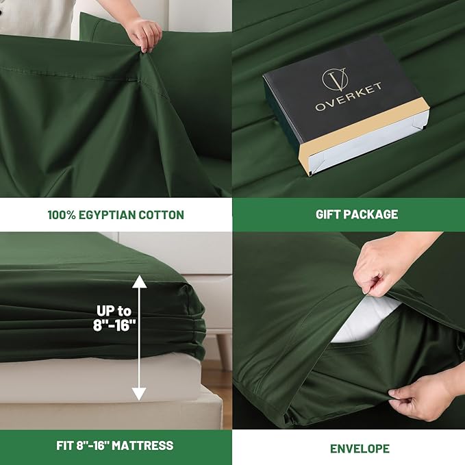 100% Egyptian Cotton Sheets King Size 4PCS 1000 Thread Count Sateen Weave Soft Breathable 16-Inch Deep Pocket （King,Forest Green）