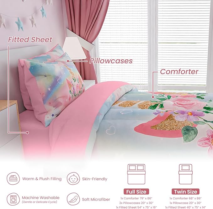 SANDJEST Unicorns Bedding Set for Girls Kids Teen Tween, Ultra Soft Microfiber Comforter Set Twin Size with 3-Pieces, Comforters Bed Sets Bedroom Decor