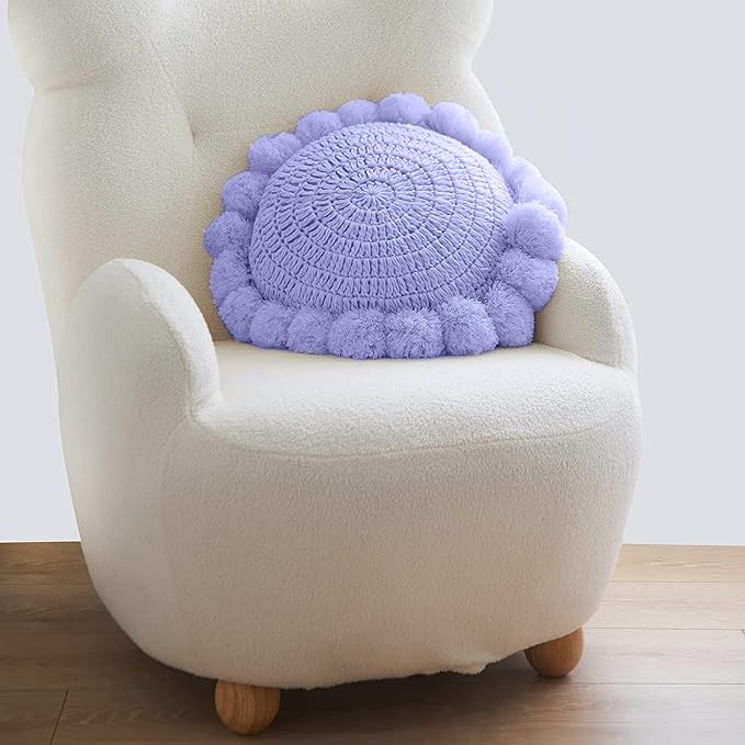 Boho Round Throw Pillow with Cute Handmade Pom Poms Tassels 18 Inch, Decorative Circular Knitted Crochet Cushion for Couch, Sofa, Chair, Bed, Purple