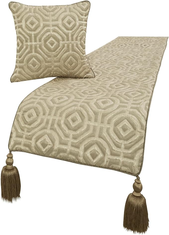 The HomeCentric King/Queen/Twin Beige Designer CA King 86"x18" Bed Runner with Pillow Cover, Textured Bed Scarf on Silk Fabric - Hexagonal Norma