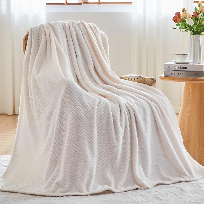NEWCOSPLAY Super Soft Throw Blanket Ivory Premium Silky Flannel Fleece Leaves Pattern Lightweight Bed Blanket All Season Use (Ivory, Throw(50"x60"))