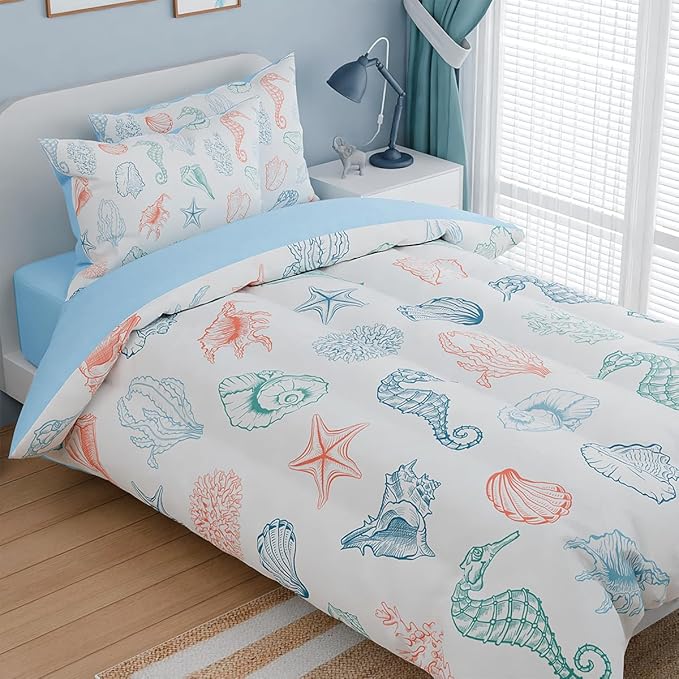 Kids Bedding Set for Girls Boys, Ultra Soft Microfiber Comforter Set Full Size with 4-Pieces, Seashell Ocean Comforters Bed Sets for Kid Children Teen Tween Bedroom Decor
