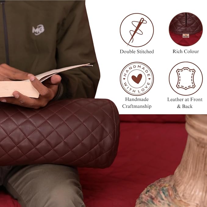 Neck Roll Pillow Cushion Cover, 24x5 Inch Full Moon Round Bolster Pillow Case, Cylinder Soft Lambskin Leather Pillowcase for Head, Spine & Neck Support During Sleep - Quilted Dark Brown Pack of 2