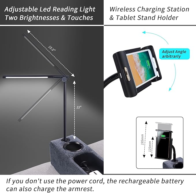 Multifunctional Sofa Armrest, Couch Armrest with Wireless Charge Stand, Removable Couch Caddy with Storage,Including LED Reading Light,Navy