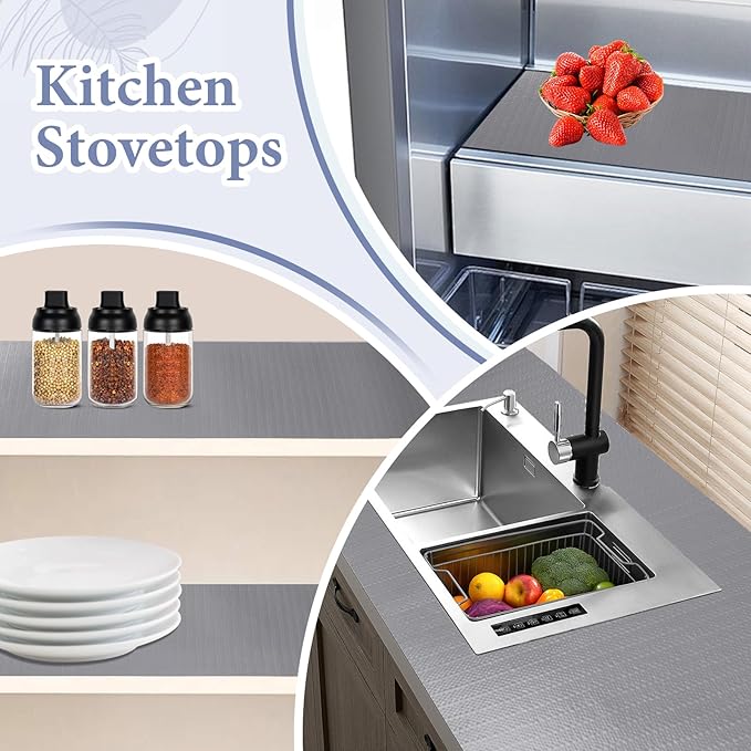 Drawer and Shelf Liner for Kitchen Cabinet: 12 in X 30 Ft Non Slip Waterproof Shelf Paper Non Adhesive Refrigerator Liners Gray Easy Liners for Bathroom Cupboard with Knife Tape Measure