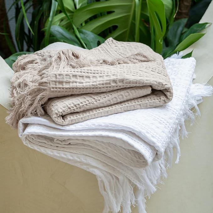 100% Cotton Waffle King Blanket with Fringe 104"x90", Pre-Washed Waffle Weave Blanket for All Season, Lightweight Breathable Soft Cozy Throw Blanket for Couch, Bed, Travel (Beige)