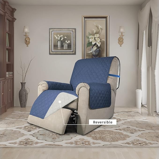 Easy-Going Recliner Chair Covers Reversible Recliner Slipcovers Water Resistant Sofa Cover Couch Cover Furniture Protector with Elastic Straps for Dog Pet (Recliner, Dark Blue/Ivory)