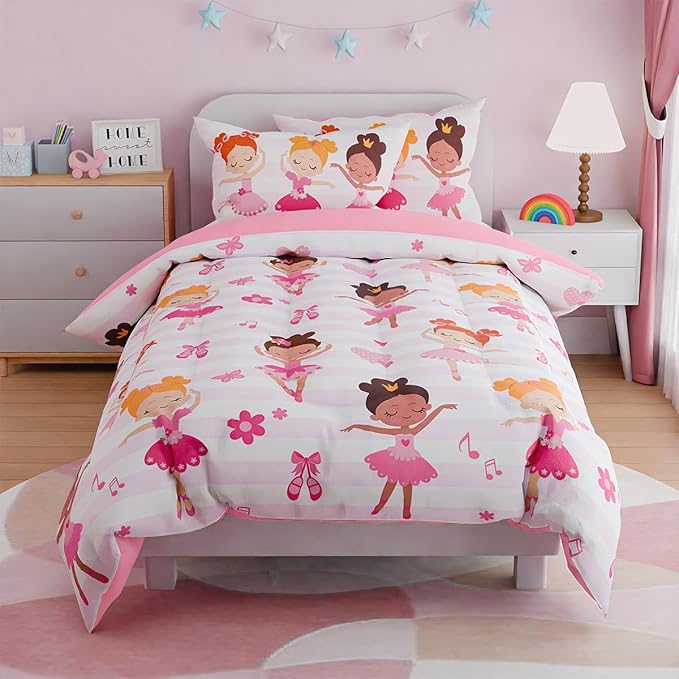 SANDJEST Ballet Twin Bedding Sets for Girls, Ultra Soft Microfiber Comforter Set with 3-Pieces, Comforters Kids Bed Set for Children Teen Tween Bedroom Decor