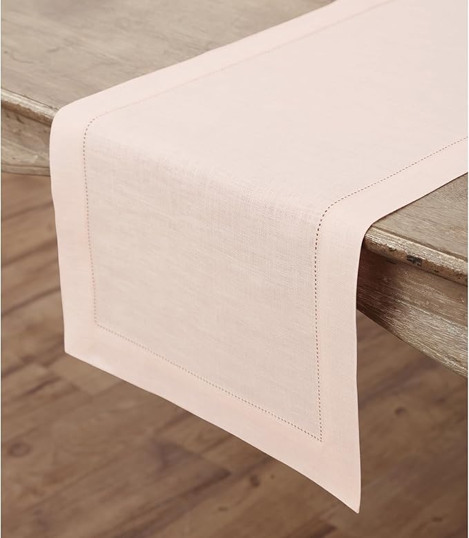 Solino Home Linen Pink Table Runner 144 Inches Long - 100% Pure Linen Extra Long Table Runner 14 x 144 Inch for Christmas - Classic Hemstitch