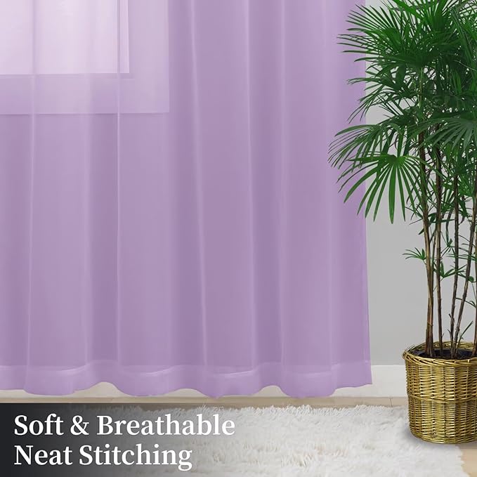 Sheer Curtains 63 Inches Long 2 Panels, Rod Pocket Short Curtain for Kitchen, Bedroom, Cafe Window(Lavender 38" W x 63" L)
