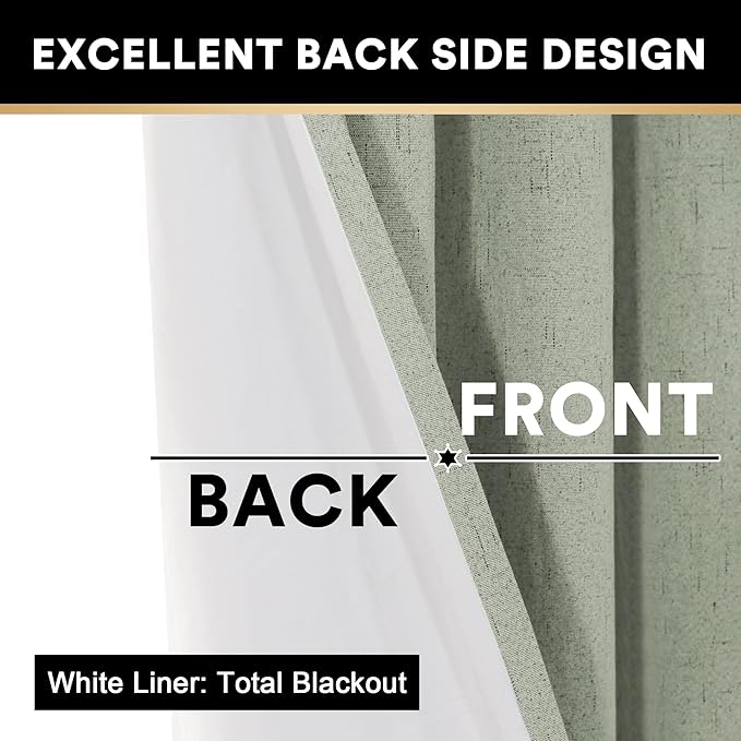 PrinceDeco Blackout Curtains 108 Inches Long 2 Panels 100% Blackout Linen Textured Curtains for Bedroom Extra Long Drapes for Living Room Thermal Insulated with White Liner，52 x 108 Inch,Sage