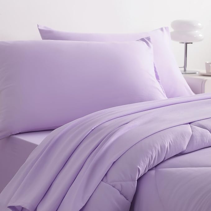 NTBAY Twin Comforter Set with Sheets, 5 Pieces Soft and Breathable Twin Bedding Set, Twin Bed in a Bag, Down Alternative Comforter Set Solid Color All Season, Kids Bedding Set, Light Purple