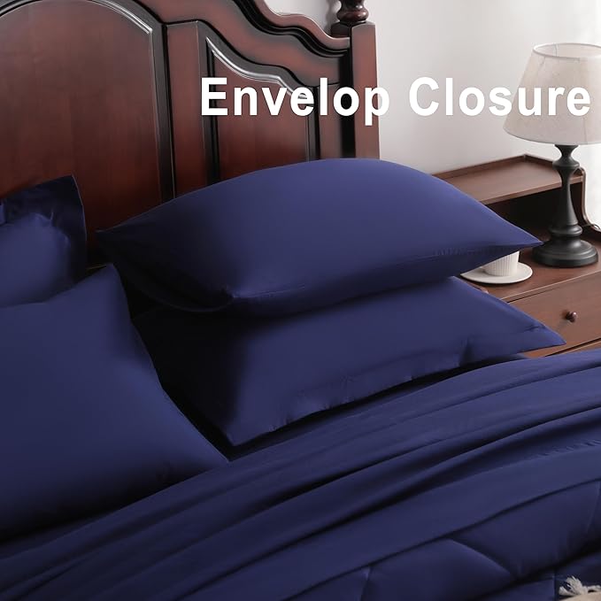 NTBAY King Comforter Set with Sheets, 7 Pieces Soft and Breathable King Bedding Set, Bed in a Bag, Down Alternative Comforter Set Solid Color All Season, Navy Blue