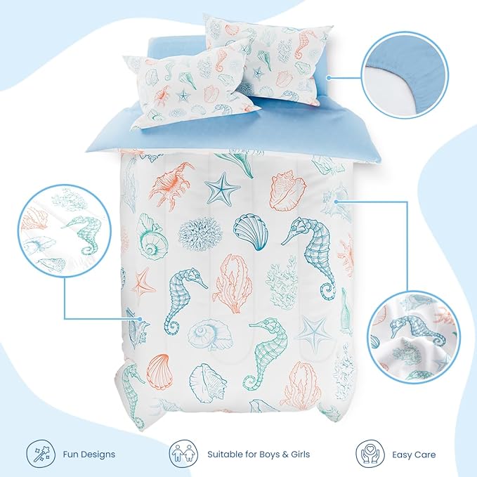 Kids Bedding Set for Girls Boys, Ultra Soft Microfiber Comforter Set Full Size with 4-Pieces, Seashell Ocean Comforters Bed Sets for Kid Children Teen Tween Bedroom Decor