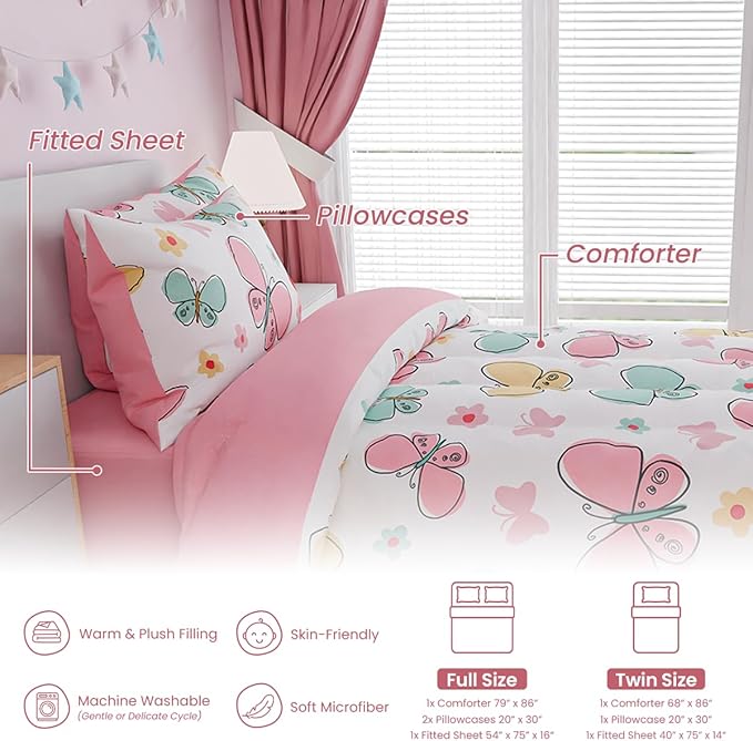 SANDJEST Butterfly Twin Bedding Sets for Girls, Ultra Soft Microfiber Comforter Set with 3-Pieces, Bed Sets for Kid Tween Teen Bedroom Decor