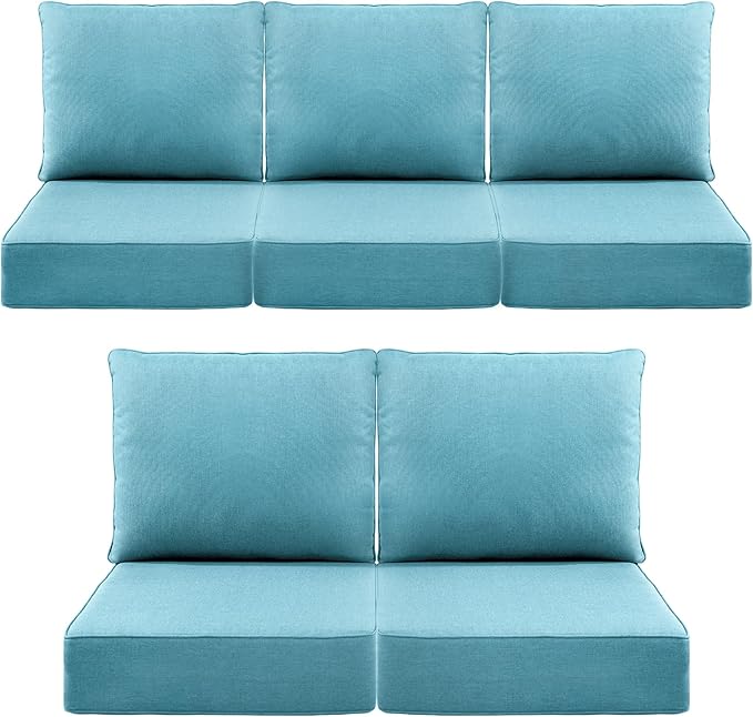 Luxury 6" Outdoor Cushions for Patio Furniture, 24x24x6" Thick Seat Cushion Set of 5, Fade Resistant Couch Chair Replacement Cushions High Density Deep Wicker Chair Cushion w/ Removable Cover, Teal