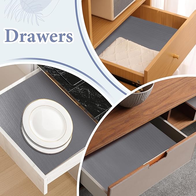 Drawer and Shelf Liner for Kitchen Cabinet: 23in X 90 Ft Non Slip Waterproof Shelf Paper Non Adhesive Refrigerator Liners Gray Easy Liners for Bathroom Cupboard with Knife Tape Measure