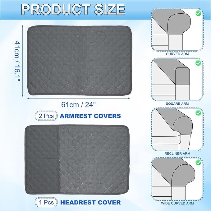 uxcell 3 PCS Armrest Covers, Couch Arm Cover Furniture Protect Slide Recliner Chair Armchair Covers with Side Storage Pocket for Sofa Recliner, Dark Grey