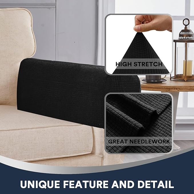 Stretch Sofa Arm Covers Spandex Jacquard Anti-Slip Couch Armrest Protector for Sofa Couch Chair Recliner, Set of 2, Black