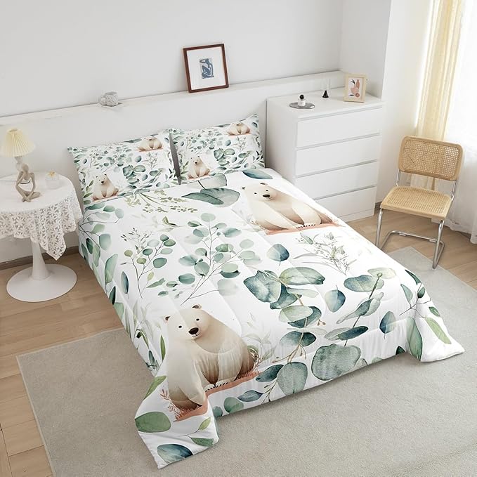 Erosebridal Boys Cartoon Animal Queen Comforter Set for Kids Toddler Kawaii Polar Bear Bedding Set Queen, Arctic Wildlife Bedding Comforter Sets White Green Duvet Set, Eucalyptus Quilted Comforter