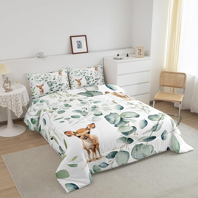 Erosebridal Cartoon Deer Twin Size Comforter Set Toddler Woodland Wildlife Bedding Set, Spring Plant Down Comforter Eucalyptus Leaf Bed Set, Jungle Animal Theme Quilted Duvet Kids Room Decor
