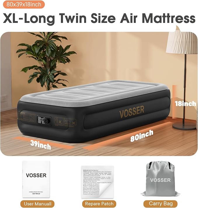 Twin Air Mattress with Built in Pump,18''Inflatable Mattress 2 Mins Self-Inflation/Deflation,XL-Long Blow up Mattress Thicker,Flocked Top Air Bed with Storage Bag for Home, Camping & Guests