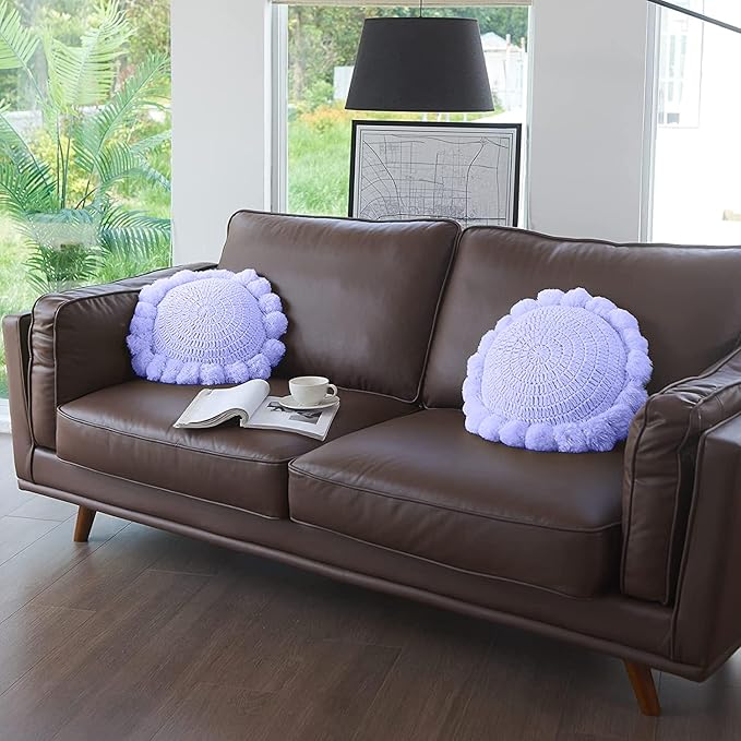 Boho Round Throw Pillow with Cute Handmade Pom Poms Tassels 18 Inch, Decorative Circular Knitted Crochet Cushion for Couch, Sofa, Chair, Bed, Purple