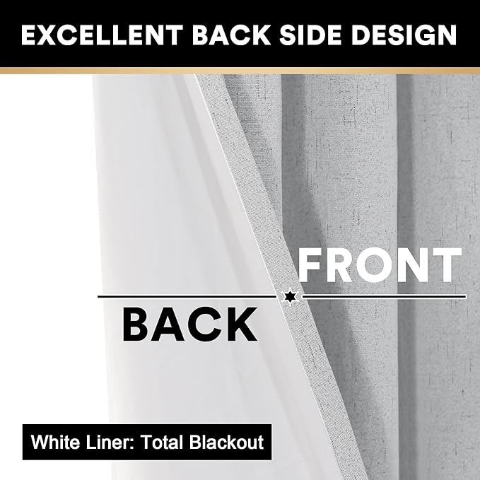 PrinceDeco 100% Blackout Linen Curtains for Bedroom Faux Linen Fabric Extra Long Curtains 96 Inches Long Room Darkening Sun Blocking Curtain with White Liner Backing,52 X 96In,Glacier Grey