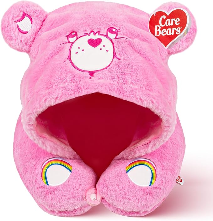 Care Bears - Cheer Bear Snuggle Hood, Travel Pillow with Hood, Soft Plush Neck Support, Lightweight, Comfortable and Breathable, Airplane, Care and Train Travel - Pink