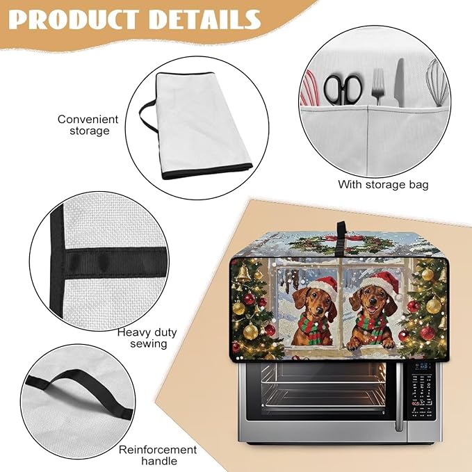 Convection Oven Dust Cover with Storage Pockets, Protective Smart Oven Cover for Kitchen Countertop for Christmas Holiday Party, L, 18.5 x 22.5 x 13 Inches, Dachshund Dog Christmas Tree