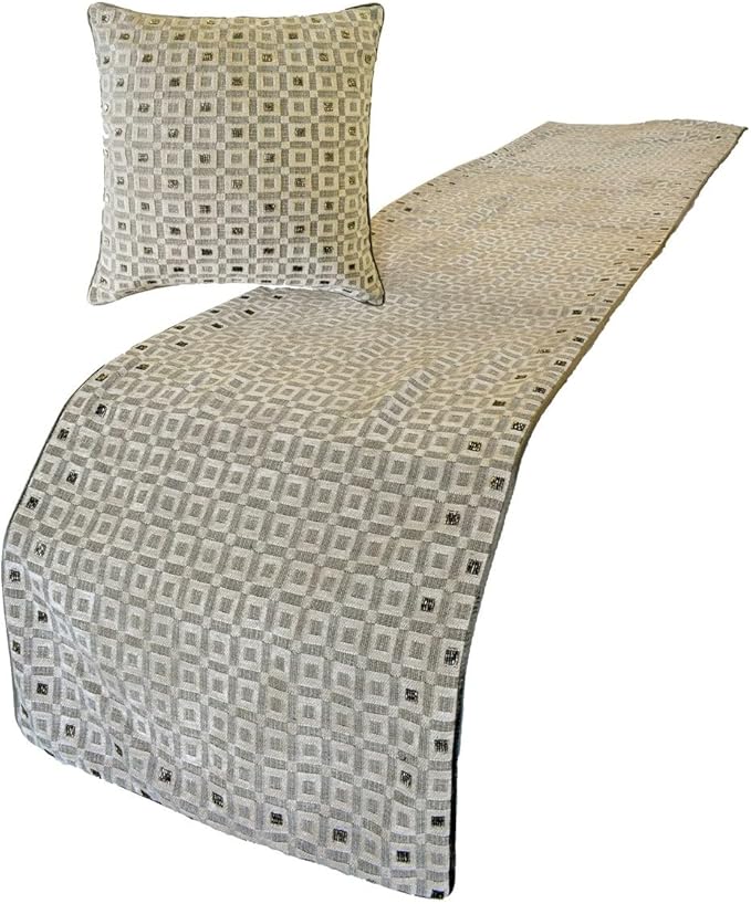 The HomeCentric King/Queen/Twin Grey Designer CA King 86"x18" Bed Runner with 2 Pillow Cover, Checkered, Beaded, Hand Embroidery Bed Scarf on Velvet Fabric - The Brick Effect