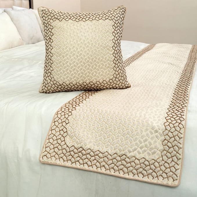 The HomeCentric King/Queen/Twin Ivory & Gold Designer CA King 86"x18" Bed Runner with Pillow Cover, Mosaic & Beaded Bed Scarf on Jacquard Fabric - Tessellation