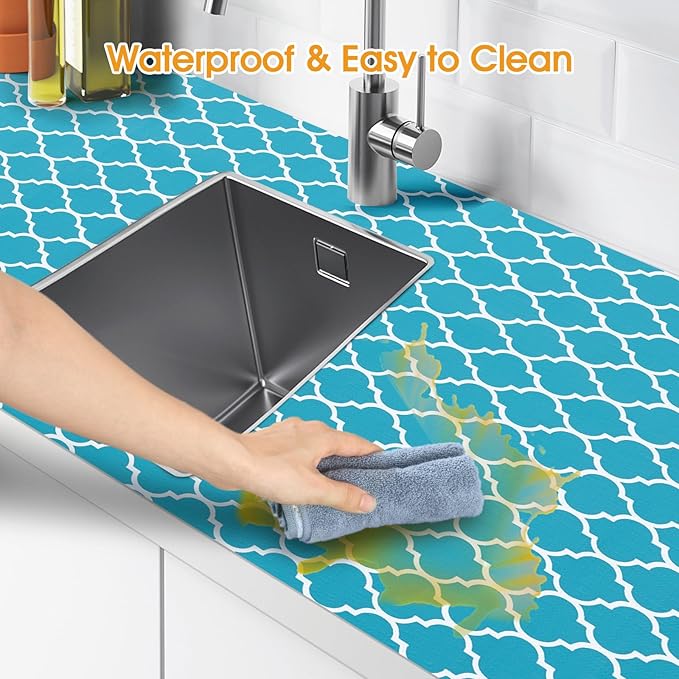 Shelf and Drawer Liner for Kitchen Cabinets Non-Adhesive, Strong Grip Non-Slip Thickened Cabinet Liners for Shelves, Waterproof Mats for Dresser Cupboard, Green/White, 17 in x 10 Feet