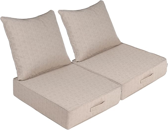 Outdoor Olefin Water-Resistant Deep Seat Cushion Set, 2PCS Weather and Fade Resistant 23''x 26''x 6'' Patio Furniture Seat Cushion, Thickened Sofa Chair Pad for Lawn, Garden, Light Beige