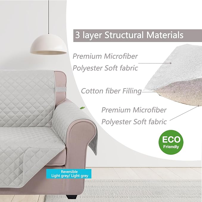 U-NICE HOME Recliner Chair Covers Reversible Chair Cover Pet Covers for Dogs with Elastic Straps Water Resistant Diamond Quilted (23''Recliner Small, Light Grey/Light Grey)