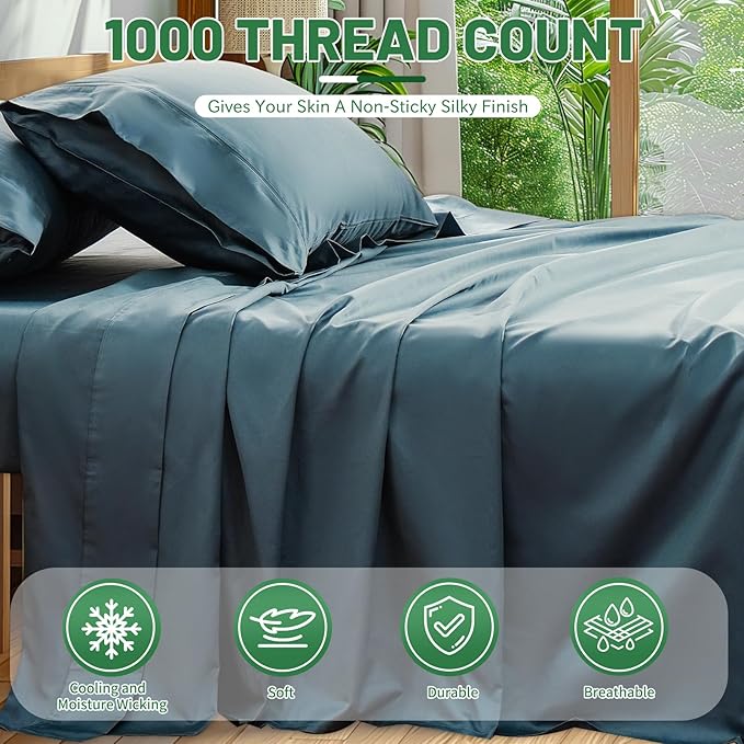 100% Egyptian Cotton Sheets Cal King Sheet Set 4PCS 1000 Thread Count Sateen Weave Soft Breathable 16-Inch Deep Pocket（California King,Lake Blue）