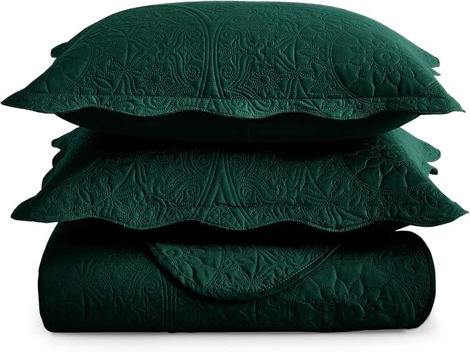 IR Imperial Rooms Twin Quilt Bedding Set Size (68” x 86”) + 1 Pillow Shams (20” x 26” + 2”) - 2 Pcs All Season Lightweight Reversible Microfiber Coverlet Floral Embossed Quilt Bedspread (Emerald)