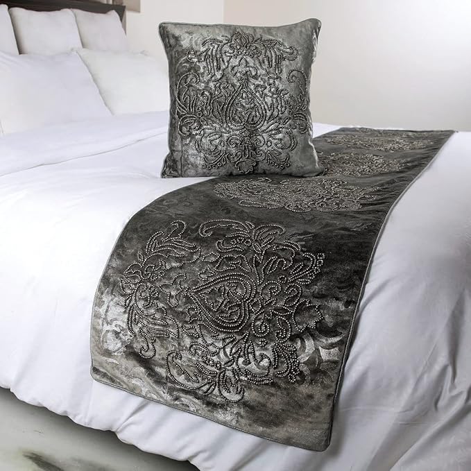 The HomeCentric Decorative Designer Handmade Bed Runner Without Pillow Cover, 90 x 18 Inch Damask Designer King Size Bed Scarf in Foil Velvet and Embroidery Bed Linen Foot Warmer Home - Foil Damask