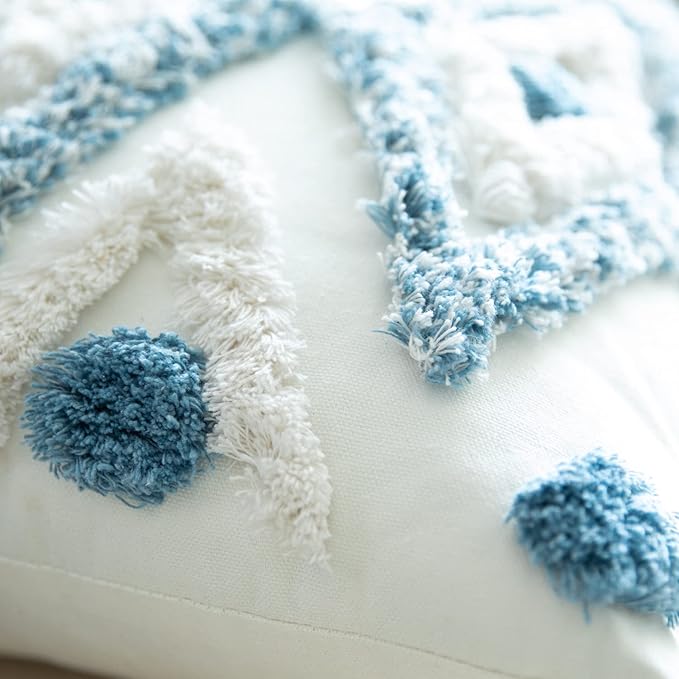 Set of 2 Cotton Woven Boho Throw Pillow Covers, Tufted Decorative Square Pillowcases Covers with Tassels for Couch Sofa Bed, Living Room Sofa, Farmhouse, 22x22 Inch Blue(2 pcs)