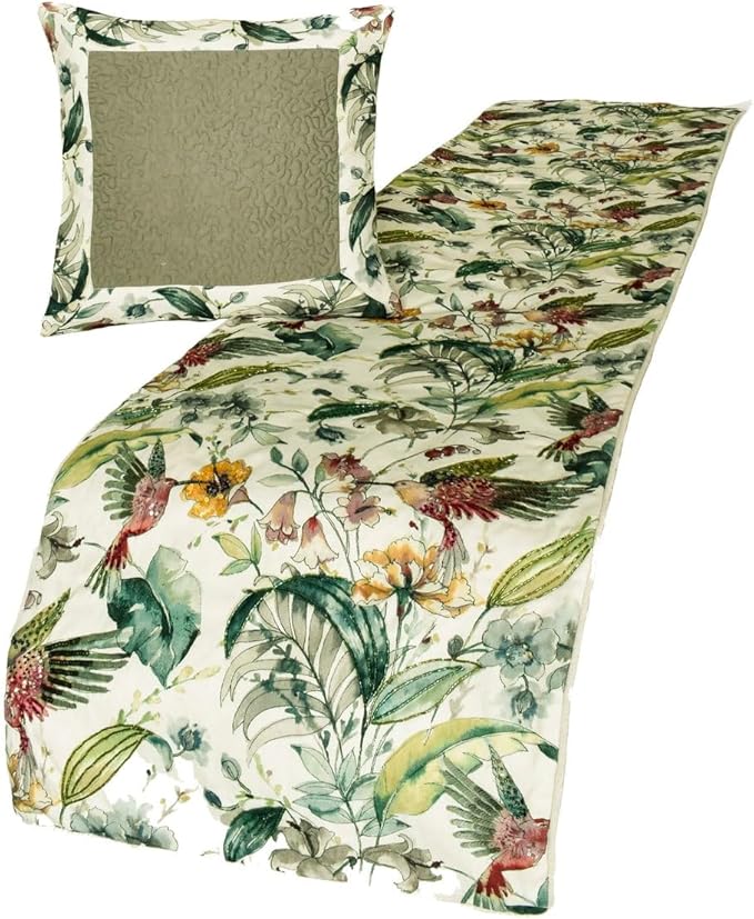 The HomeCentric King Queen Twin Ivory & Multi Designer CA King 86"x18" Bed Runner Without Pillow Cover, Bird, Sequins & Beaded Bed Scarf on Cotton Fabric - Exotic Birds