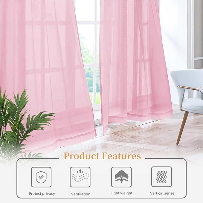 Sheer Curtains 54 Inches Long 2 Panels, Rod Pocket Short Curtain for Kitchen, Bedroom, Cafe Window(Pink 38" W x 54" L)