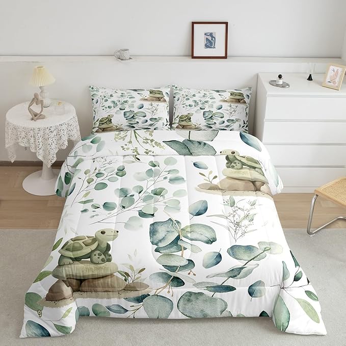 Erosebridal Kawaii Turtle Toddler Comforter Set for Boys Girls Cartoon Animal Bedding Set Toddler, Eucalyptus Leaves Bedding Comforter Sets Marine Wildlife Duvet Set, Tropical Plants Quilted Comforter