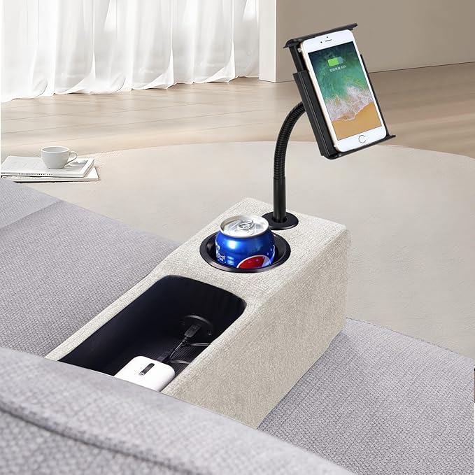 Multifunctional Removable Sofa Armrest with Cup Holder, Couch Armrest with Wireless Charge Stand, Couch Caddy with Storage,Equipped with LED Reading Light, Almond