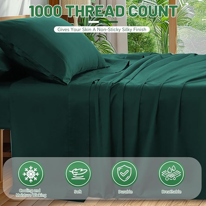 100% Egyptian Cotton Sheets Cal King Sheet Set 1000 Thread Count Sateen Weave Soft Breathable 16-Inch Deep Pocket 4PCS（California King,Dark Green）