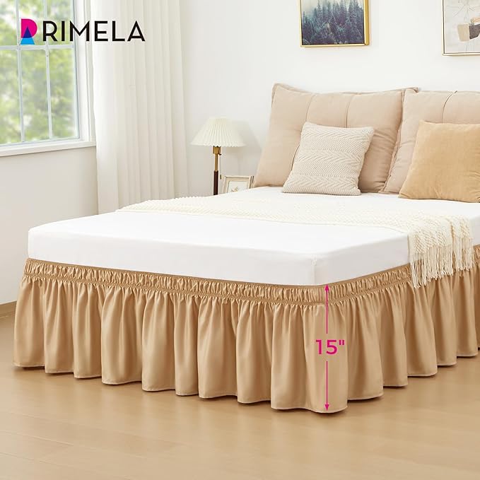 RIMELA Bed Skirt Queen Size Champagne Gold 15 Inch Drop, Wrap Around Elastic Bedskirt, Dust Ruffle for Adjustable Bed Base Soft Durable Fabric Machine Washable Easy to Install Bed Skirts