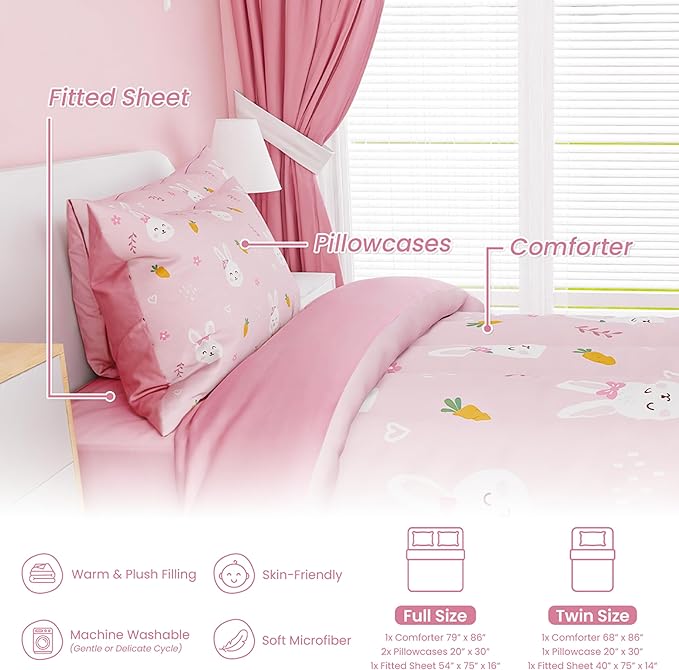 SANDJEST Rabbit Comforter Set Full Size 98x86in for Kids Girls, Microfiber 4 Pcs Bedding Set Includes 1 Comforter, 2 Pillowcases, 1 Fitted Sheet, Nursery Room Decor