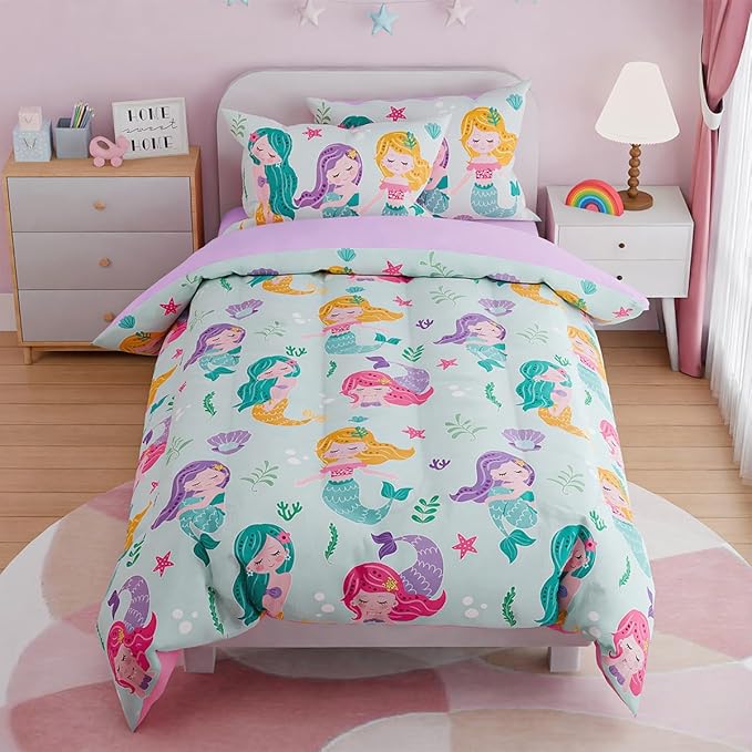 SANDJEST Mermaid Bedding Full for Girls, Ultra Soft Microfiber Comforter Set Full Size with 4-Pieces, Comforters Bed Sets for Kid Children Teen Tween Bedroom Decor